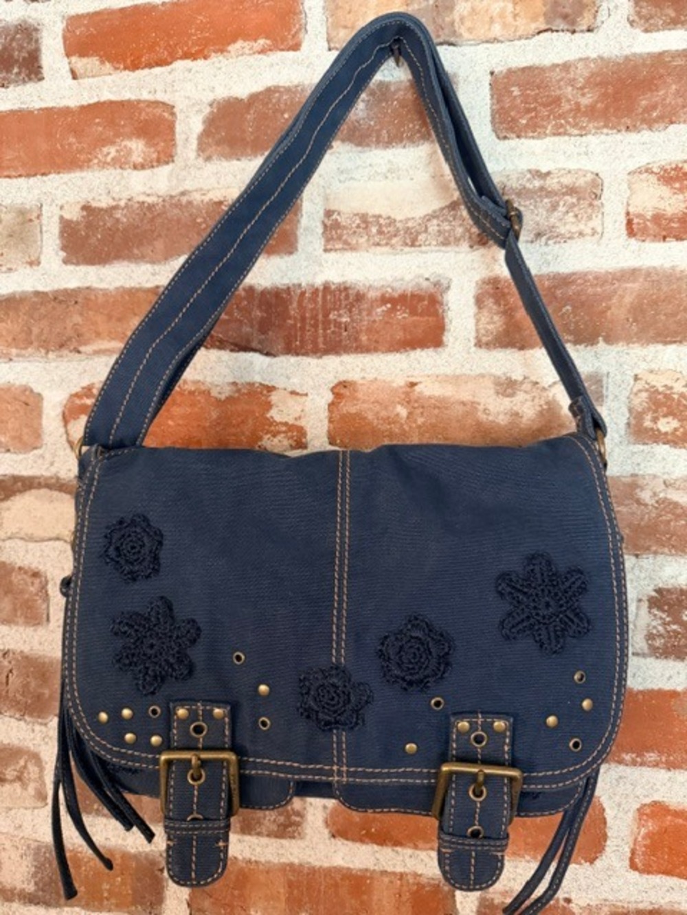 The Sak Blue Cotton/Canvas Floral Embroidery Purse NWT